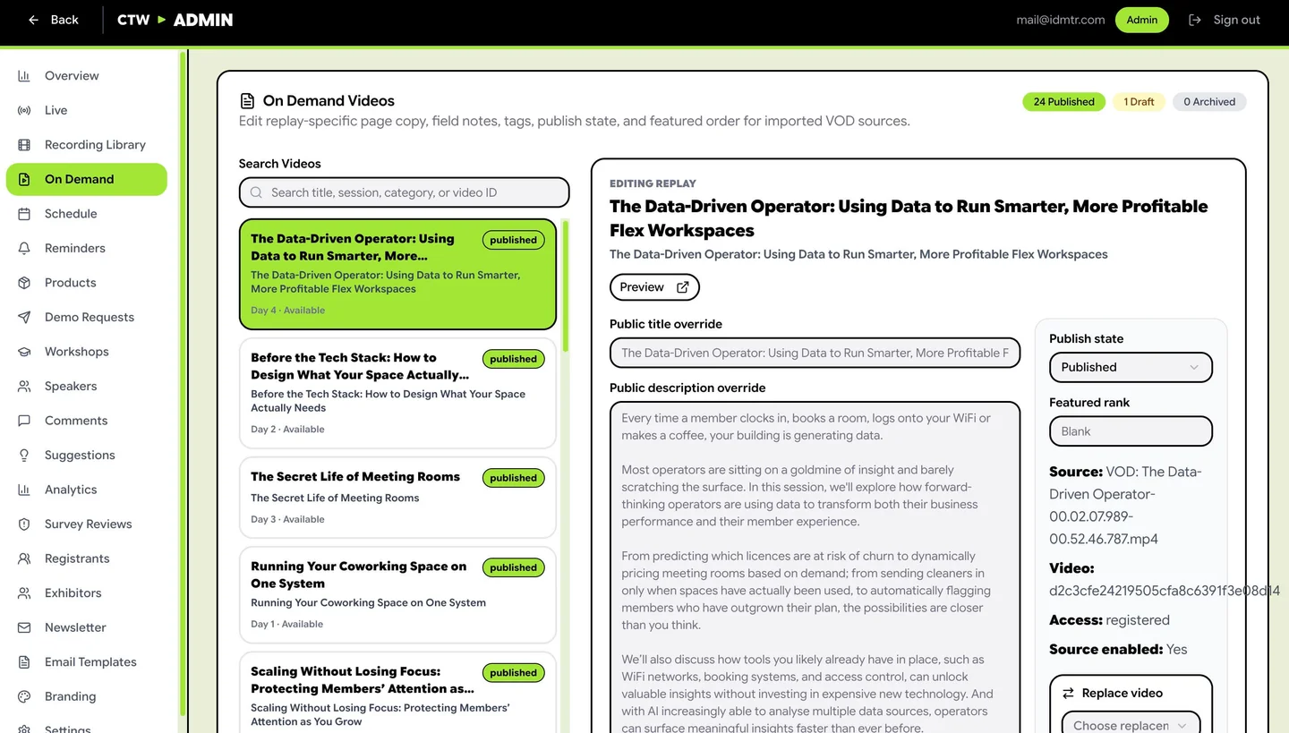 Coworking Tech Week admin interface with recording and replay controls