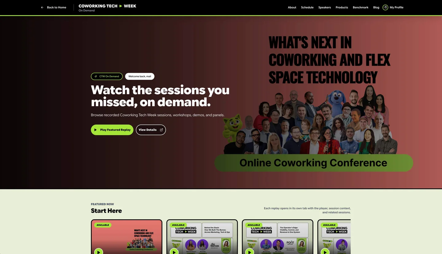 Coworking Tech Week replay library with recorded session cards