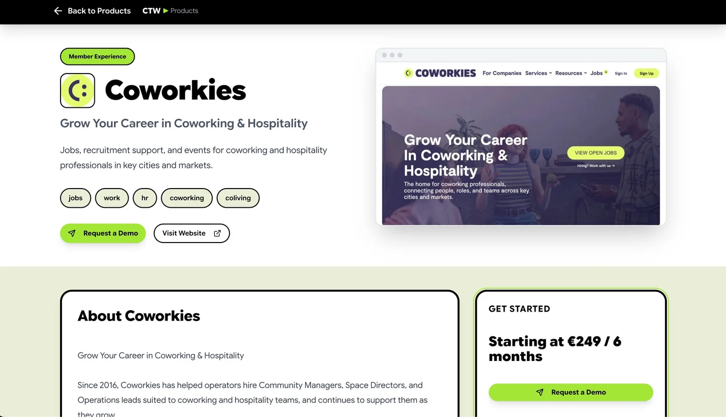 Coworkies product profile with exhibitor information and a demo request action