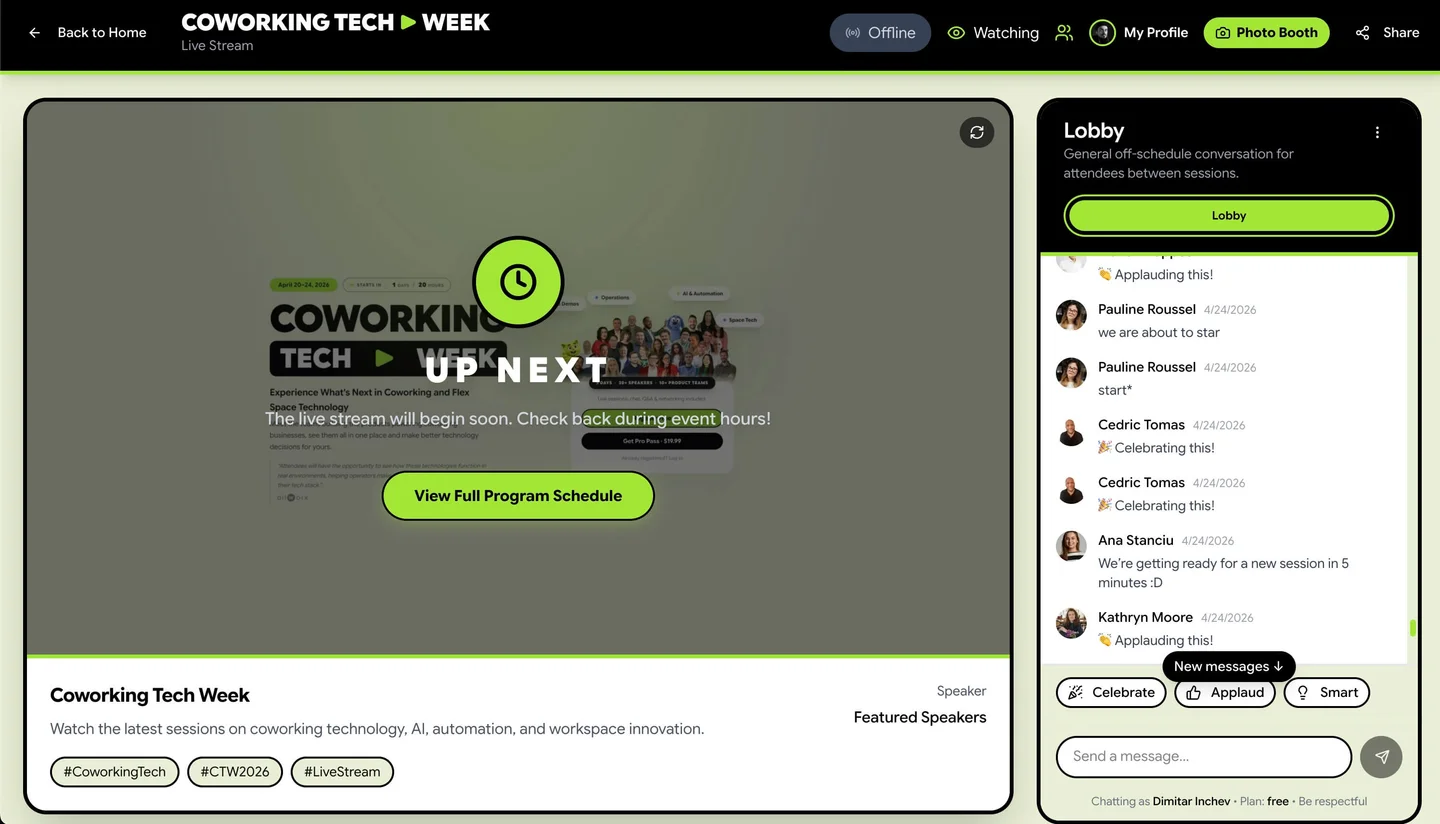 Coworking Tech Week live room with session video, attendee chat, and program details